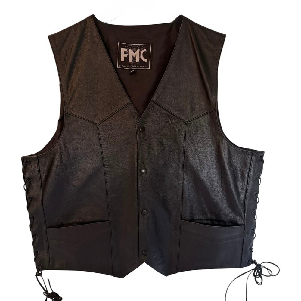 FMC Leather Vest Mens 48 Black Motorcycle Biker Snap Front Vintage